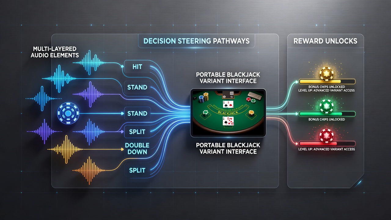 Darstellung mehrschichtiger Audioelemente in einer mobilen Blackjack-App mit visuellen Klangwellen und Spieloberfläche